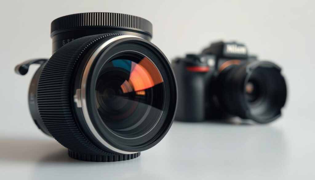 A highly detailed, close-up view of a professional-grade travel camera lens, showcasing its key features. The lens is positioned in the foreground, with a clean, white background that allows the intricate details to take center stage. The lighting is soft and diffused, creating a warm, inviting atmosphere that highlights the lens's premium construction and optical quality. The image captures the lens's sleek, metallic body, its advanced autofocus system, precise aperture control, and high-quality glass elements that work together to deliver exceptional image quality. The composition emphasizes the technical sophistication and versatility of the lens, conveying its suitability for capturing stunning travel photography.