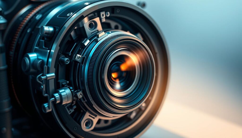 A highly detailed, cross-sectional view of the inner workings of an AIS (Automatic Image Stabilization) mechanism. Showcasing the intricate array of gimbals, sensors, and motors that work in harmony to counteract camera shake and blur. Precise engineering and machined components are illuminated by soft, directional lighting, casting subtle shadows that accentuate the mechanical complexity. The lens assembly is prominently featured, surrounded by the stabilization system's key elements, creating a captivating, technical illustration. The overall mood is one of precision, innovation, and the marriage of optics and electronics in modern photography.
