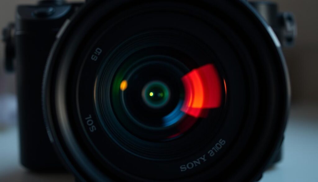 A highly detailed, ultra-realistic and cinematic close-up view of a professional-grade Sony camera lens. The lens is positioned prominently in the foreground, showcasing its sleek, metallic design and intricate mechanical components. The aperture is visibly open, revealing the delicate internal structures. In the middle ground, a shallow depth of field blurs the background, drawing the viewer's attention to the lens' key technical features like the focal length and aperture settings. The lighting is dramatic, casting subtle shadows and highlights to accentuate the lens' contours and textures. The overall scene conveys a sense of precision engineering and the high-quality optics that define Sony's premium camera lenses for professional videography.