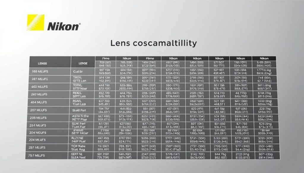 A highly detailed, ultra-realistic and cinematic illustration of a Nikon ZF lens compatibility chart, showcasing a sleek, professional-grade table with precise technical specifications and lens model compatibility. The chart is presented against a clean, neutral background, with soft, directional lighting that accentuates the precision and clarity of the information. The layout is organized and streamlined, making it easy to quickly reference the lens options available for the Nikon ZF camera system. The overall mood is one of authoritative expertise and visual elegance, perfectly suited to introducing the audience to the breadth of Nikon ZF lens options.