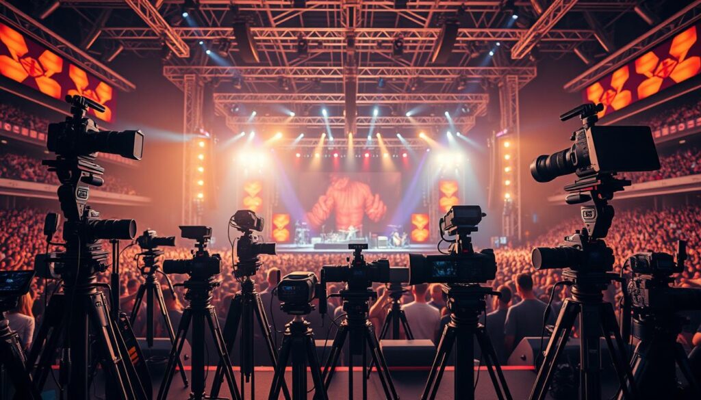A large concert stage in 2025, with an intricate array of professional-grade camera equipment arranged in the foreground. High-end DSLR cameras mounted on sturdy tripods, each equipped with a range of prime and zoom lenses. Sophisticated lighting rigs cast a warm, cinematic glow across the scene, creating depth and drama. In the middle ground, a mix of wireless transmitters, audio equipment, and high-capacity storage devices support the camera setup. The background showcases the grand scale of the concert venue, with towering speakers, stage rigging, and a crowd of eager fans. The overall atmosphere conveys the excitement and technical precision of capturing live music performances in the future.