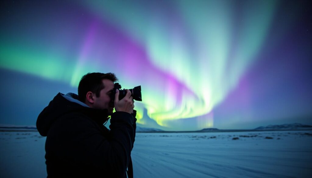 A lone photographer stands in a snow-covered landscape, their camera poised to capture the mesmerizing dance of the northern lights. The sky above is ablaze with vibrant shades of green, purple, and blue, casting a ethereal glow over the serene surroundings. The photographer's face is illuminated by the natural light, their expression one of awe and wonder as they frame the perfect shot. The camera's lens is sharp and precise, ready to immortalize this breathtaking moment. Cinematic lighting and a wide, sweeping angle emphasize the grandeur of the scene, drawing the viewer into the captivating beauty of northern lights photography.