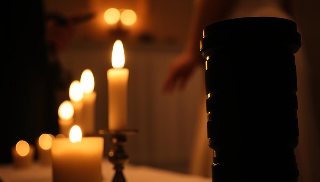 A low-lit ceremonial scene, the glow of candles illuminating a pair of professional wedding photography lenses. The foreground features the lenses, their glass surfaces reflecting the warm, flickering light. In the middle ground, a soft, out-of-focus background hints at the solemn event taking place, with subtle details like the edge of a pew or the hem of a gown. The overall atmosphere is one of reverence and intimacy, the lenses poised to capture the most important moments of the ceremony in exquisite detail.