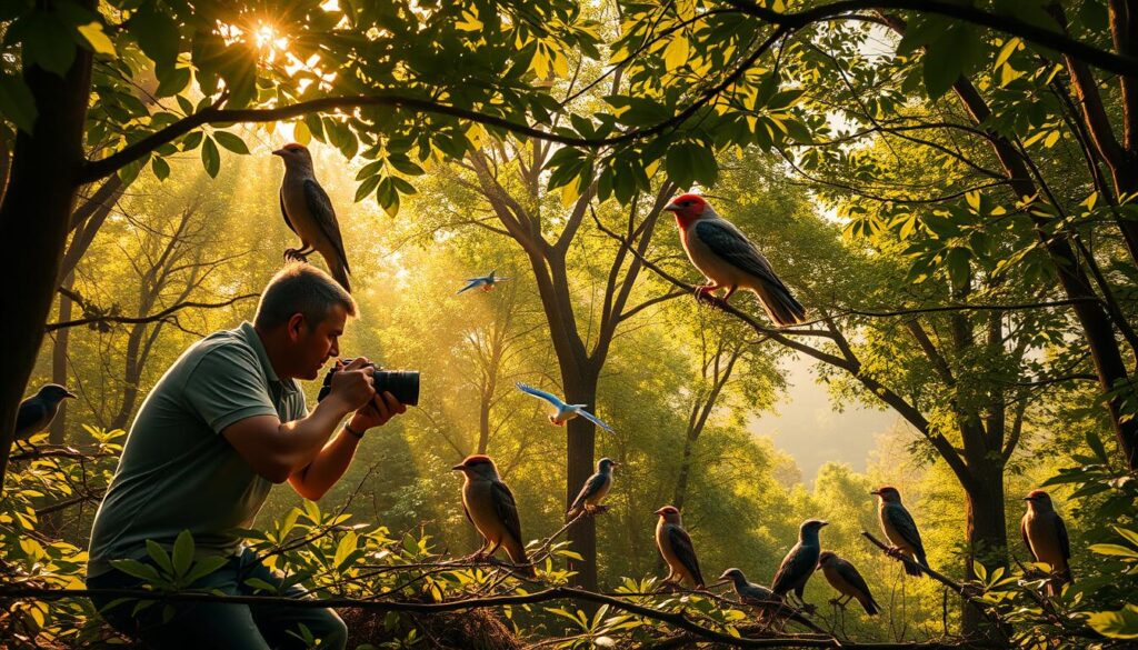 A lush, verdant forest canopy with shafts of golden sunlight filtering through the leaves. In the foreground, a vibrant scene of a bird-watching enthusiast, crouched with a cutting-edge mirrorless camera, its advanced autofocus and high-resolution sensor capturing the intricate details of a rare bird species perched on a nearby branch. The middle ground showcases an array of diverse avian life, from colorful songbirds to majestic raptors, all frozen in time by the photographer's skilled lens. In the distance, a hazy, dreamlike background hints at the wilderness beyond, creating a sense of depth and immersion. The overall atmosphere is one of quiet wonder, a celebration of the beauty and diversity of the natural world, as witnessed through the lens of the next generation of wildlife photography.