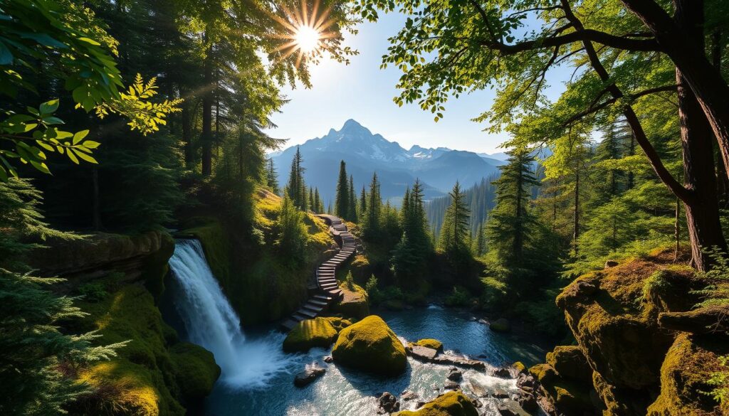 A lush, verdant forest framing a picturesque waterfall cascading over moss-covered rocks. The sun's golden rays filter through the canopy, casting a warm, enchanting glow on the tranquil pool below. In the middle ground, a winding trail leads to a hidden viewpoint, offering a breathtaking panorama of the rugged, untamed landscape. Towering peaks rise in the distance, their snow-capped summits reflected in the crystal-clear waters. The scene exudes a sense of serene, untouched natural beauty, beckoning the viewer to explore these hidden gems just beyond the city limits of Portland.