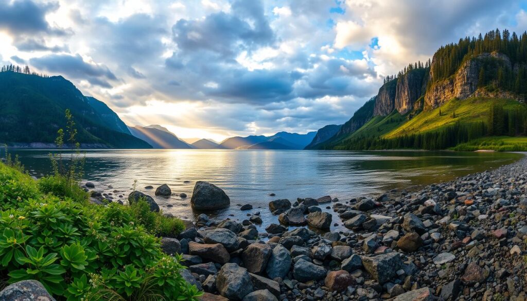 A majestic landscape of the Columbia River, captured with a wide-angle lens to showcase the scenic vistas. In the foreground, a rocky shoreline with lush greenery and wildflowers, inviting the viewer to explore. The middle ground features the serene waters of the river, reflecting the towering cliffs and pine-covered hills on the opposite bank. The background is dominated by a dramatic sky, with rays of golden sunlight filtering through the clouds, creating a warm and peaceful atmosphere. The composition emphasizes the natural beauty and grandeur of this Pacific Northwest landmark, perfect for capturing breathtaking photographs.