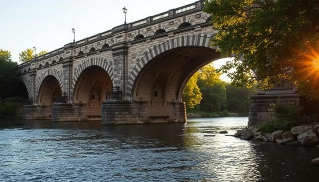 A majestic stone arch bridge spanning a tranquil river, surrounded by lush foliage and a golden hour glow. The bridge's elegant arches and intricate stonework cast dramatic shadows, inviting the viewer to explore its historic architecture. In the foreground, a skilled photographer captures the scene, utilizing a wide-angle lens to showcase the bridge's impressive scale and the picturesque natural setting. The image exudes a sense of timelessness, blending the man-made structure with the serene, natural environment, creating a captivating and iconic landmark.