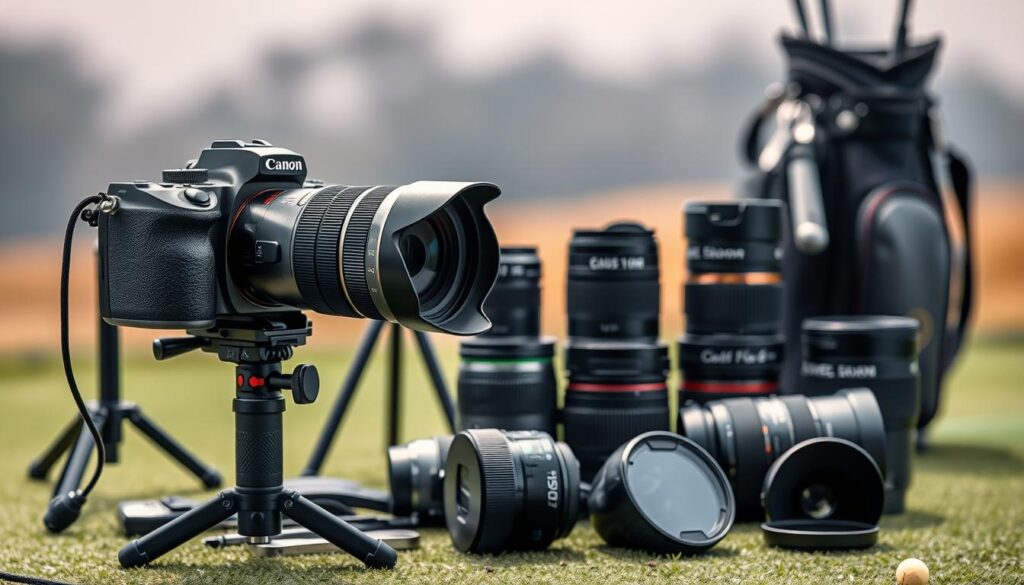 A meticulously arranged setup of premium camera equipment for capturing the dynamic beauty of golf courses. In the foreground, a high-end DSLR camera with a long telephoto lens stands ready, its metallic body gleaming under the soft, diffused lighting. Surrounding it, an array of essential accessories - a sturdy tripod, a remote shutter release, and specialized filters - all carefully positioned to create the perfect conditions for stunning golf photography. In the middle ground, a collection of lenses in various focal lengths, each designed to provide the versatility needed to tackle the diverse landscapes and perspectives of the golf course. The background features a subtle, blurred outline of golf clubs and a golf bag, hinting at the ultimate purpose of this carefully curated gear - to immortalize the grace and drama of the game.