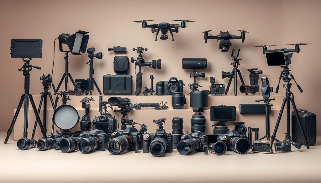 A meticulously arranged still life of high-end photography accessories and gadgets, showcased against a sophisticated, neutral-toned backdrop. In the foreground, an assortment of premium cameras, lenses, and tripods sit elegantly atop a sleek, minimalist surface. The middle ground features cutting-edge lighting equipment, external flashes, and camera stabilizers, all crafted with precision. In the background, a range of innovative camera drones, gimbals, and wireless tethering devices create a sense of depth and technological advancement. The overall lighting is soft and diffused, enhancing the premium, professional quality of the scene. This image captures the essence of the latest and greatest tech gadgets that can elevate a photographer's creativity and productivity.