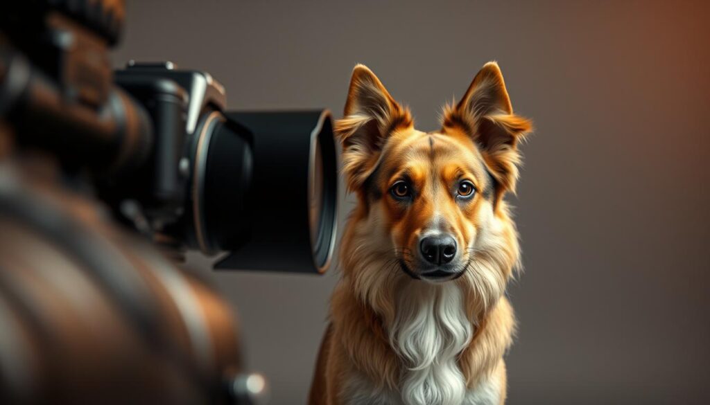 A meticulously composed dog photography scene set in the year 2025. The foreground features a professional-grade camera with a telephoto lens, poised to capture the subject. In the middle ground, a well-groomed show dog strikes a regal pose, its coat shimmering under the perfectly balanced studio lighting. The background subtly blurs, drawing the viewer's attention to the dog's mesmerizing expression. The overall aesthetic is ultra-realistic and cinematic, reflecting the latest advancements in camera technology and photographic techniques tailored for the discerning dog owner.