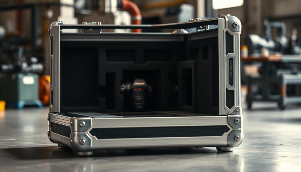 A meticulously crafted aluminium camera case, its sturdy frame forged through precision welding. In the foreground, the case's sleek surface gleams under a soft, directional lighting, casting subtle shadows that accentuate its rugged construction. The middle ground reveals the case's intricate interior, showcasing the carefully designed compartments and foam inserts that securely hold the camera gear. In the background, a slightly blurred industrial setting with machines and workbenches suggests the attention to detail and engineering prowess behind this durable, lightweight design. The overall mood is one of high-quality, purpose-built craftsmanship - a testament to the case's durability and protection for the photographer's most valuable equipment.