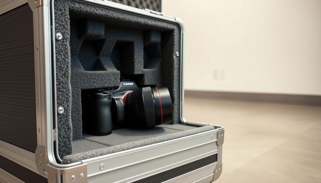 A meticulously crafted, high-quality image of custom foam inserts for camera equipment, expertly designed to protect valuable photography gear. The inserts are showcased in a well-lit, cinematic setting, with a focus on the intricate details and precise molding. The foreground features the custom-fitted foam inserts, their surface texture and subtle shades of gray conveying a sense of premium quality. The middle ground presents the inserts nestled within a sleek, aluminum camera case, highlighting the seamless integration and protective capabilities. The background is a softly blurred, neutral environment, allowing the camera case and its contents to be the focal point. The overall atmosphere is one of professionalism, durability, and the confidence that comes with safeguarding valuable photographic equipment.