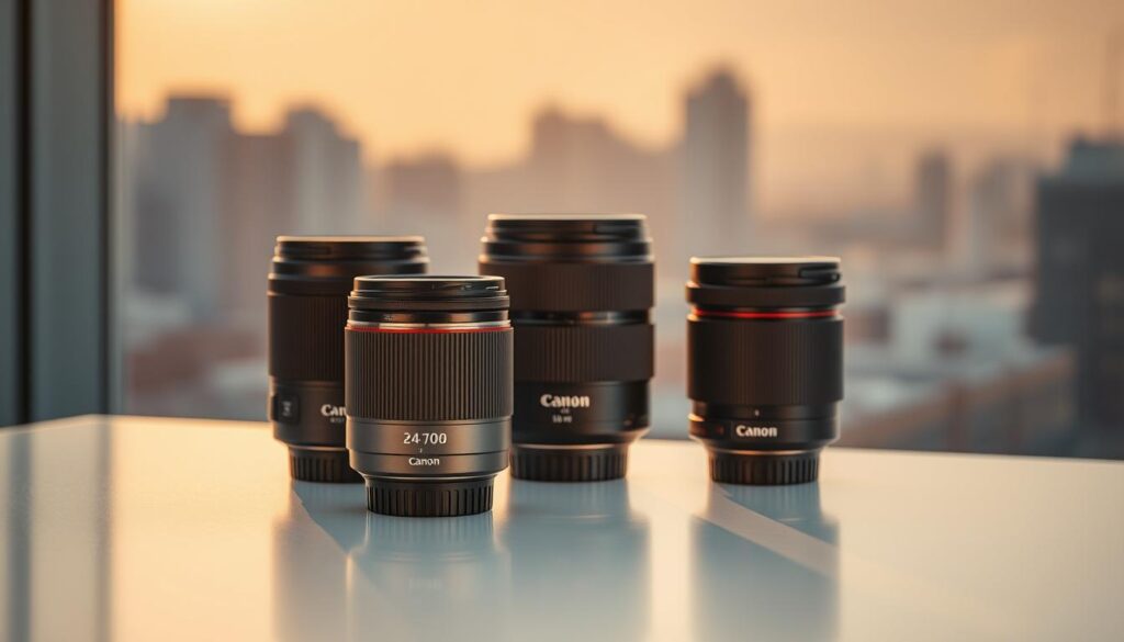A meticulously crafted still life capturing a selection of affordable Canon lenses for the year 2025. The lenses are arranged on a sleek, minimalist table, bathed in warm, golden lighting that highlights their premium construction and attention to detail. In the foreground, a versatile 24-70mm zoom lens takes center stage, its sturdy metal body gleaming. Behind it, a telephoto 70-200mm lens and a wide-angle 16-35mm lens stand in perfect harmony, showcasing the diverse focal length options available. The background features a softly blurred cityscape, hinting at the lenses' potential for capturing stunning urban landscapes. The overall scene exudes a sense of quality, innovation, and the bright future of affordable Canon optics.