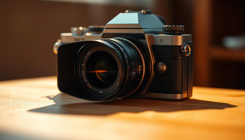 A meticulously engineered camera sensor rests on a sleek, brushed metal body, its surface dotted with precision focus controls. Intricate lens mechanisms protrude, catching the light in a way that evokes the art of photographic capture. The scene is bathed in warm, golden illumination, creating a sense of professionalism and technical mastery. Delicate shadows play across the camera's form, emphasizing its ergonomic design and attention to detail. This is a tool built for the discerning food photographer, capable of rendering the most sumptuous culinary subjects with stunning clarity and depth of field.