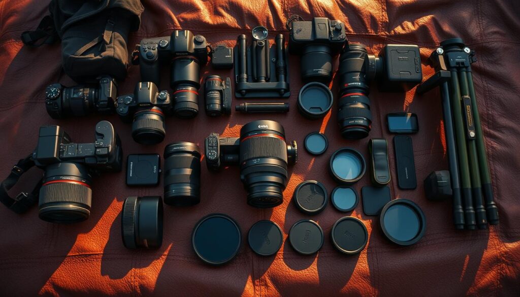A meticulously organized array of top-tier travel photography gear lies on a rugged leather surface, casting soft shadows in the warm, golden light of a setting sun. At the center, a sleek, state-of-the-art RF lens gleams, surrounded by high-end camera bodies, tripods, filters, and other essential accessories. The scene conveys a sense of adventure, expertise, and the pursuit of breathtaking imagery, perfectly reflecting the article's subject and the introductory section's title.