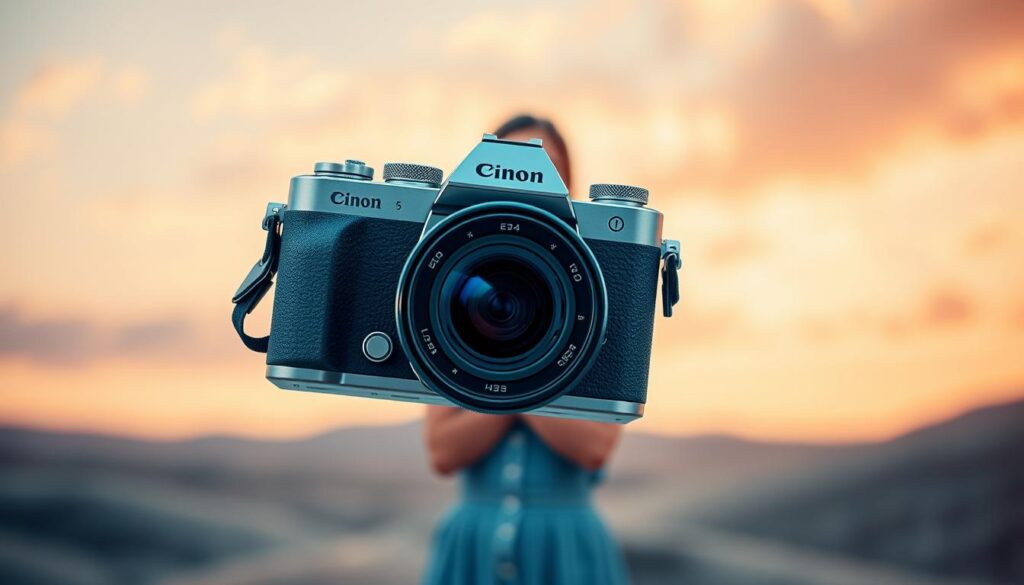 A modern camera levitates in the foreground, its sleek body reflecting the soft, warm lighting of a photography studio. In the middle ground, a model poses gracefully, their features enhanced by subtle AI-powered retouching. The background blurs into an abstract, dreamlike landscape, hinting at the limitless creative possibilities of generative AI in photography. The overall scene exudes a sense of technological wonder and artistic collaboration, capturing the transformative power of AI in the world of visual storytelling.