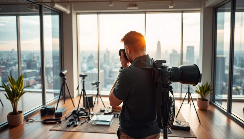 A modern loft interior with floor-to-ceiling windows, showcasing a professional photographer capturing the latest real estate trends. Soft, diffused natural lighting illuminates the scene, casting a warm, inviting glow. The photographer, camera in hand, stands in the foreground, framing the shot with an ultra-wide lens. In the middle ground, a mix of traditional and innovative real estate photography tools and accessories are neatly arranged, reflecting the evolution of the industry. The background features a panoramic view of a vibrant, futuristic city skyline, hinting at the dynamic changes shaping the real estate market in 2025.