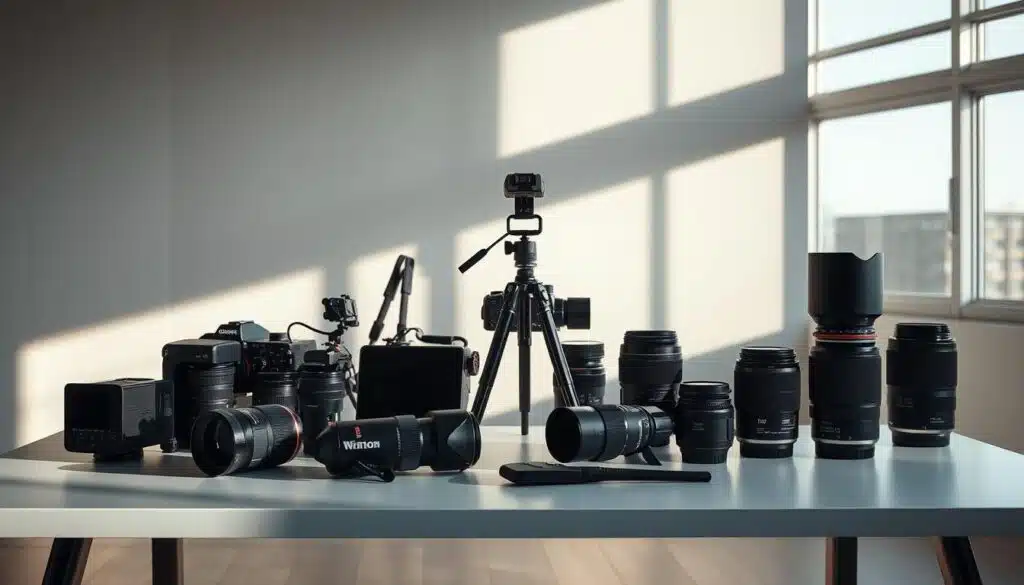 A modern, well-equipped architectural photography studio with a professional camera, tripod, and a variety of lenses arranged neatly on a sleek, minimalist table. Soft, directional lighting from large windows creates dramatic shadows and highlights the intricate details of the equipment. The background features a neutral, seamless backdrop, allowing the photography gear to take center stage. The overall atmosphere is one of focused precision and an appreciation for the tools of the craft. A modern, well-equipped architectural photography studio with a professional camera, tripod, and a variety of lenses arranged neatly on a sleek, minimalist table. Soft, directional lighting from large windows creates dramatic shadows and highlights the intricate details of the equipment. The background features a neutral, seamless backdrop, allowing the photography gear to take center stage. The overall atmosphere is one of focused precision and an appreciation for the tools of the craft.