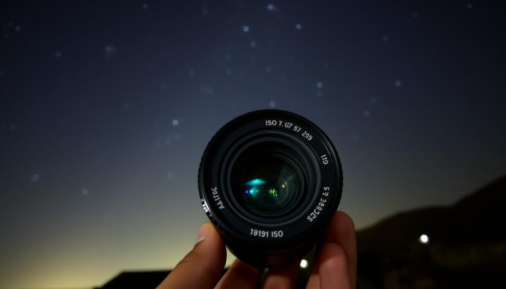A night sky with a starry backdrop, the focal point being a camera lens in the foreground, its aperture and ISO settings illuminated and prominently displayed. The lens is held in a steady hand, suggesting the importance of manual camera controls for night photography. The middle ground features a tripod, hinting at the necessary equipment for long exposures. In the background, a dimly lit landscape or cityscape provides a sense of context, emphasizing the need for specialized lenses in low-light conditions. The overall atmosphere is one of technical precision and artistic expression, conveying the significance of lens selection for successful night photography.