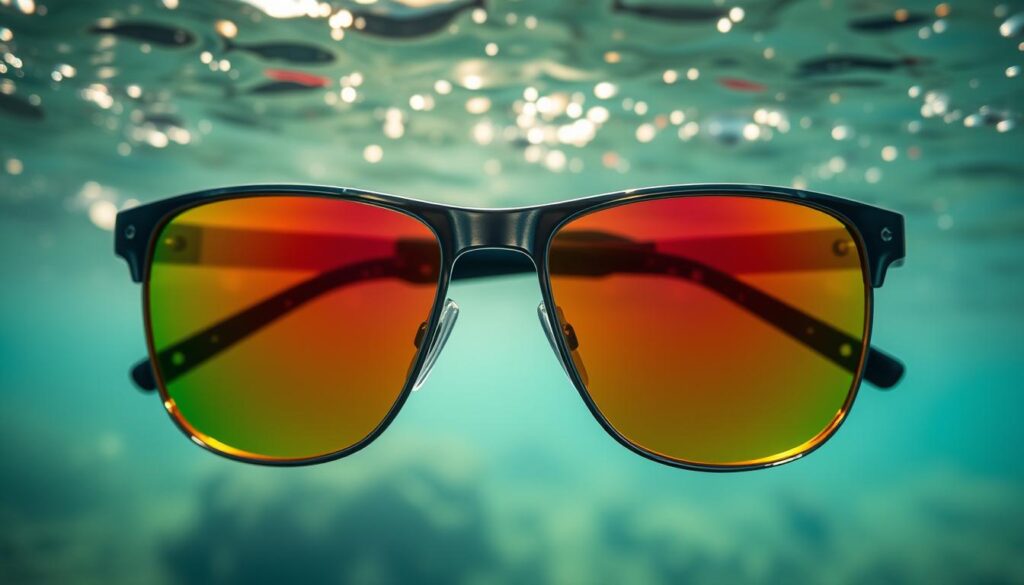 A pair of high-quality fishing sunglasses, their lenses gleaming with vibrant hues that capture the essence of the aquatic environment. The frame is sleek and durable, designed to withstand the rigors of outdoor adventures. The lenses are strategically tinted to enhance contrast, reduce glare, and sharpen the details of the underwater world, enabling the wearer to spot even the most elusive fish with ease. The sunlight filters through the lenses, casting a warm, cinematic glow over the scene, creating a sense of depth and atmosphere. The sunglasses are artfully positioned against a backdrop of natural textures, such as dappled light and subtle patterns, to showcase their functionality and style in the context of the fishing experience.