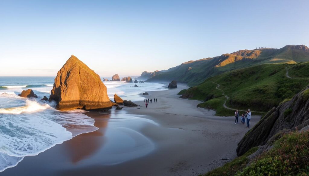 A panoramic scene of Cannon Beach, Oregon, where the rugged coastline meets the tranquil Pacific Ocean. In the foreground, the iconic Haystack Rock rises majestically from the sandy beach, its weathered surface glowing in the soft, golden light of the setting sun. Crashing waves crash against the shore, their foamy tendrils dancing across the sand. In the middle ground, a small group of photographers, their cameras poised, capture the breathtaking landscape. The background is a tapestry of verdant cliffs, dotted with lush vegetation and the occasional winding trail, inviting visitors to explore the natural beauty of this stunning location. The overall atmosphere is one of serenity and wonder, a perfect balance of relaxation and adventure.