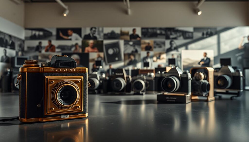 A panoramic view of a well-lit studio showcasing a timeline of revolutionary camera innovations. In the foreground, a vintage brass-bodied Kodak Brownie camera and a modern full-frame mirrorless camera stand in sharp focus, highlighting the evolution from bulky to sleek. The middle ground features a curated display of iconic cameras from different eras, each with its distinctive design and technological advancements. In the background, a soft-focus montage of famous photographs taken with these cameras overlays the scene, creating a sense of visual history. Dramatic side lighting casts dramatic shadows, accentuating the sculptural forms of the cameras. The overall atmosphere evokes a sense of wonder and appreciation for the pioneering spirit of camera innovation.