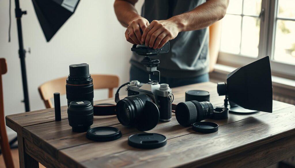 A photographer carefully sets up their equipment, meticulously arranging a vintage camera, lenses, and lighting modifiers on a weathered wooden table. Soft, diffused natural light filters through a large window, casting a warm glow across the scene. The photographer's hands move with practiced precision, adjusting the camera settings and positioning the reflectors to achieve the perfect lighting. The atmosphere is one of quiet focus and creative anticipation, as the photographer prepares to capture the authentic, candid moments that will define the photographic series.
