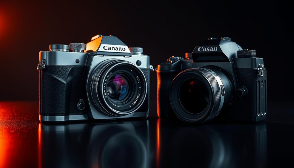 A pristine 35mm film camera, its sleek chrome body gleaming under dramatic studio lighting, stands in contrast to a modern digital camera on a dark, reflective surface. The film camera's viewfinder offers a glimpse into a timeless, analog world, while the digital counterpart's sharp, high-resolution LCD screen represents the cutting edge of photographic technology. The scene is bathed in a moody, cinematic atmosphere, highlighting the distinct aesthetics and experiences of film and digital photography. Careful composition and attention to detail create a visually striking comparison, inviting the viewer to ponder the enduring appeal of analog versus the convenience of digital in the world of professional photography.