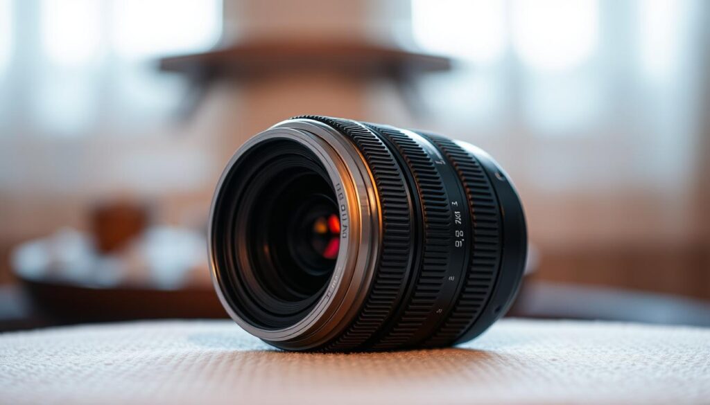 A pristine Nikon portrait lens rests on a soft, textured surface, its metallic body reflecting the warm glow of a diffused light source. The lens' aperture blades are visible, hinting at its ability to create stunning bokeh. The focus ring and other controls are precisely engineered, showcasing the lens' premium construction. In the background, a blurred, atmospheric setting evokes a sense of artistic depth and cinematic ambiance, perfectly complementing the lens' sophisticated design and performance capabilities.