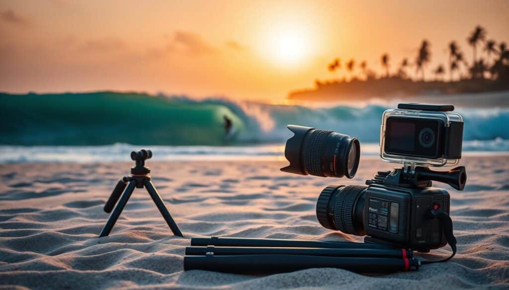 A pristine beach at golden hour, the sun's warm glow casting a soft light on the scene. In the foreground, an array of advanced surf photography equipment laid out meticulously - a sleek, waterproof mirrorless camera with a high-quality telephoto lens, a sturdy tripod, and a waterproof housing for capturing those awe-inspiring action shots. In the middle ground, a surfer carves through a towering wave, the camera's rapid burst mode freezing the moment in time. In the background, the horizon is dotted with the silhouettes of palm trees swaying gently in the ocean breeze, creating a tranquil, cinematic atmosphere.