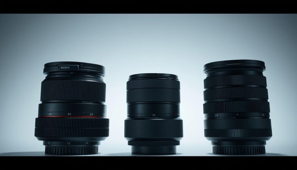 A pristine, highly detailed and ultra-realistic close-up view of three state-of-the-art Sony APS-C lenses from 2025, showcasing their innovative design and advanced features. The lenses are placed against a clean, minimalist background, dramatically lit from the side to accentuate their sleek, angular profiles and high-quality metal and glass construction. The lighting casts long, dramatic shadows, creating a sense of depth and dimensionality. The lenses are presented at a slight angle, allowing the viewer to appreciate their intricate detailing and advanced optical elements. The overall scene has a cinematic, high-end product photography feel, highlighting the cutting-edge technology and premium craftsmanship of Sony's latest APS-C lens innovations.