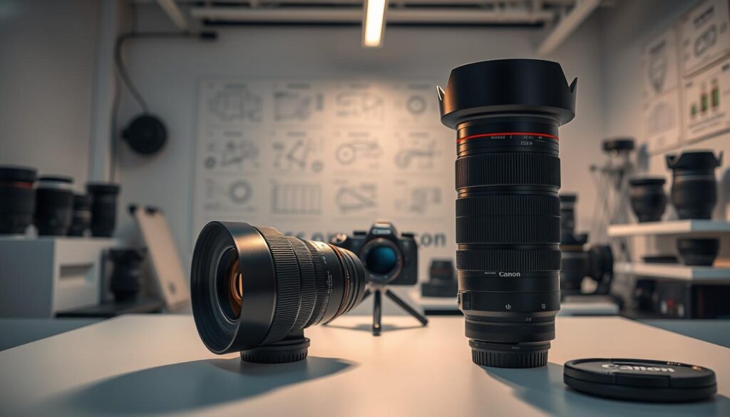 A pristine, sleek workspace filled with the latest Canon lens innovations. In the foreground, a cutting-edge telephoto lens glistens under soft, directional lighting, showcasing its advanced optical design. In the middle ground, a high-resolution mirrorless camera body sits atop a minimalist tripod, ready to capture breathtaking images. The background reveals a wall of technical schematics and prototypes, hinting at the engineering prowess behind these groundbreaking lens developments. The scene exudes a sense of anticipation and technological progress, setting the stage for the future of Canon's optical excellence.