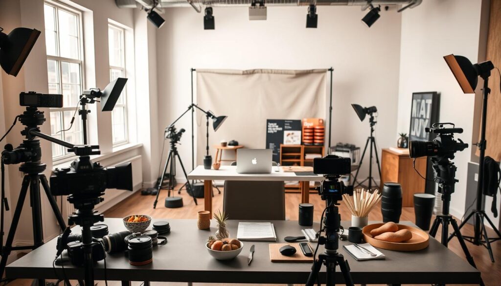A professional food photographer's studio, illuminated by soft, diffused lighting from large windows. In the foreground, a well-curated display of camera equipment, lenses, and props - the tools of the trade. In the middle ground, a sleek, modern workstation with a laptop, notepad, and carefully organized marketing materials. The background features a simple, neutral-toned backdrop, allowing the focus to remain on the subject matter. The overall atmosphere conveys a sense of creativity, professionalism, and a dedication to capturing the essence of culinary artistry.