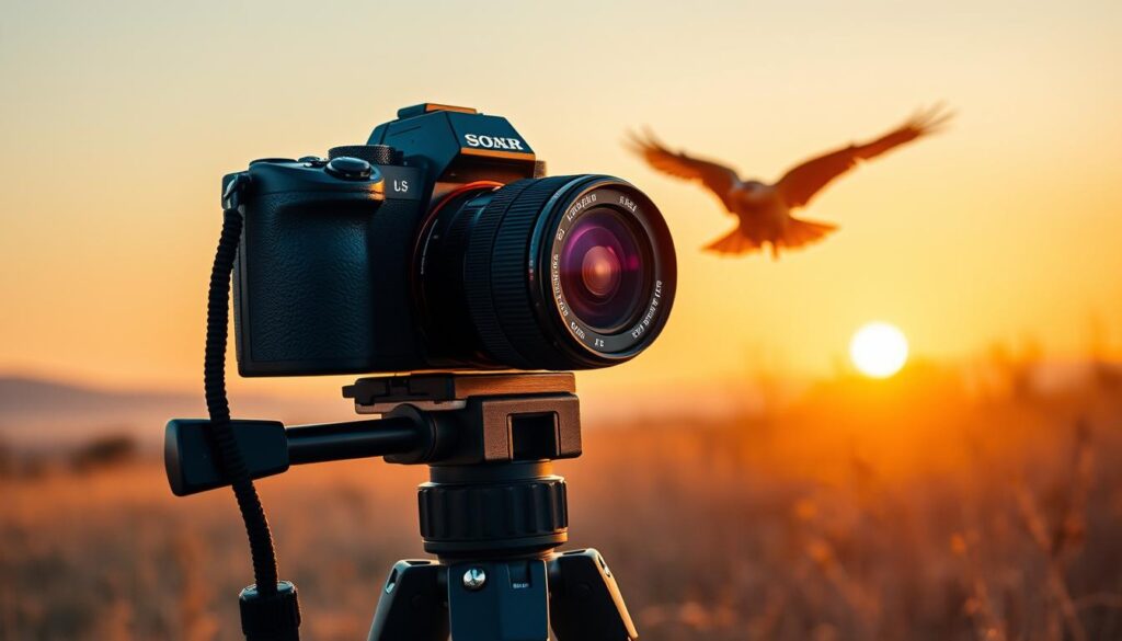 A professional-grade full-frame mirrorless camera rests on a sturdy tripod, its sleek body and large lens reflecting the natural light of a golden-hour landscape. The camera's advanced autofocus system and high-resolution sensor are primed to capture the dynamic movements of wildlife in stunning detail, from the rustling of leaves to the graceful arc of a bird's wings. The scene is bathed in a warm, atmospheric glow, creating a sense of tranquility and anticipation as the photographer waits patiently for the perfect moment to press the shutter, freezing a fleeting glimpse of the natural world in ultra-realistic, cinematic detail.