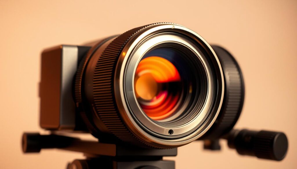 A professional-grade property presentation lens, its sleek metal body glistening under warm studio lighting. The lens elements are sharply in focus, their intricate design hinting at the optical precision within. The lens sits atop a sturdy tripod, ready to capture the finest details of a luxury real estate listing. The background fades into a soft, neutral tone, drawing the viewer's eye directly to the lens - the essential tool for any real estate photographer seeking to present a property in the most compelling and alluring manner.