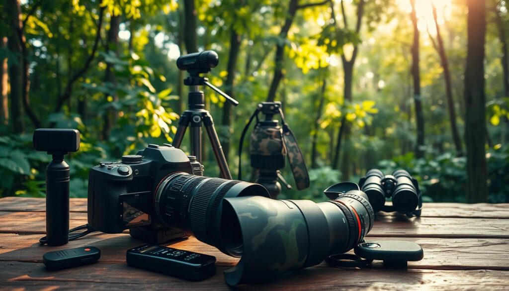 A professional, highly detailed wildlife photography setup on a rustic wooden table. In the foreground, a high-end DSLR camera with a telephoto lens, a remote shutter release, and various camera accessories. In the middle ground, a weathered tripod, a camouflage lens cover, and a pair of binoculars. In the background, a lush, verdant forest with dappled sunlight filtering through the canopy, creating a warm, cinematic atmosphere.