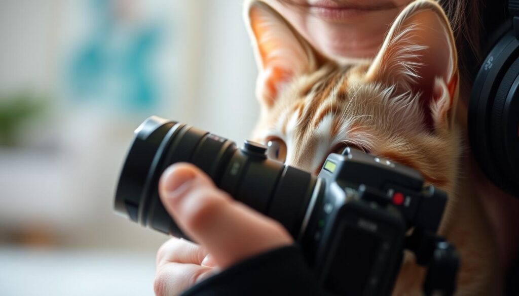 A professional photographer capturing a curious feline subject, their camera lens focused intently on the pet's expressive eyes. Soft, natural lighting illuminates the scene, emphasizing the animal's silky fur and keen, intelligent gaze. The camera's advanced autofocus system precisely locks onto the pet, ensuring a crisp, detailed portrait. The composition is artfully balanced, with the pet positioned in the foreground against a subtly blurred, visually interesting background. The overall mood is one of tranquility and connection, showcasing the photographer's technical mastery and deep understanding of their animal subject.