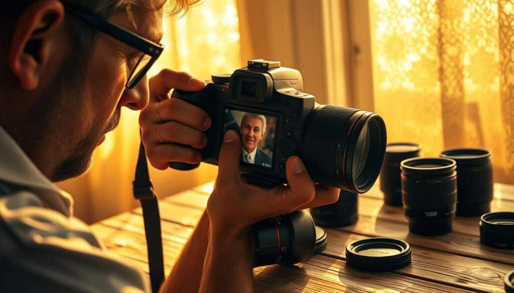 A professional photographer meticulously examines the intricate details captured by a high-end DSLR camera, scrutinizing the sensor's low-light performance and dynamic range. The scene is illuminated by warm, golden sunlight filtering through lace-patterned windows, creating a soft, romantic ambiance. The camera's viewfinder displays a crisp, vibrant image, with shallow depth of field that artfully blurs the background, emphasizing the subject's sharp focus. Lenses of various focal lengths lie scattered on a weathered wooden surface, hinting at the versatility required for wedding photography. The overall atmosphere conveys the photographer's attention to technical excellence and artistic vision, essential for capturing the magic of a couple's special day.