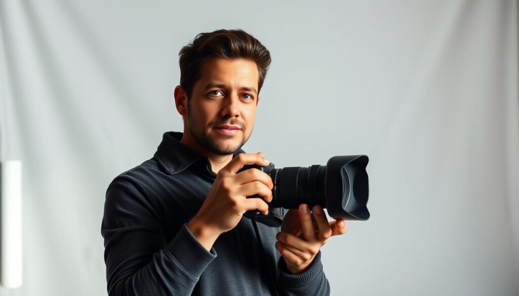 A professional photographer stands in a studio setting, camera in hand, captured in a three-quarter pose. Soft, natural lighting illuminates the scene, casting a warm glow on the subject's face. The background features a minimalist, white cyclorama backdrop, creating a clean, focused environment. The photographer's expression exudes confidence and expertise, conveying the skill and artistry required to craft impactful personal brand imagery. The overall mood is one of professionalism, creativity, and a keen eye for detail, reflecting the qualities one would expect from a skilled branding photographer.