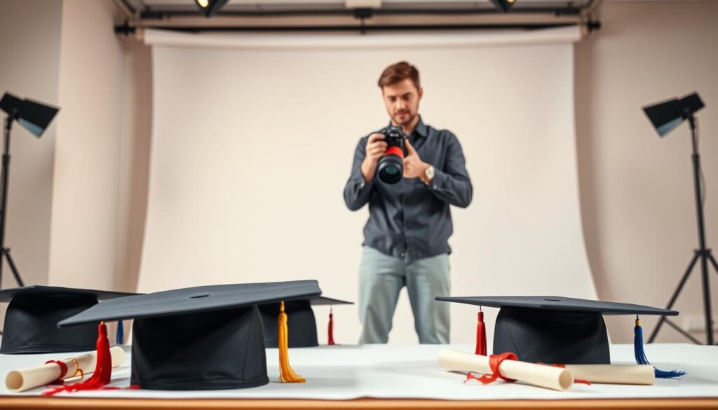 A professional photographer stands in a well-lit studio, camera at the ready. In the foreground, graduation caps and diplomas are neatly arranged, hinting at the upcoming ceremony. The middle ground features a clean, neutral backdrop, allowing the subjects to take center stage. Soft, diffused lighting creates a warm, celebratory atmosphere, drawing the viewer's attention to the graduation-themed props. The photographer's gaze is focused, anticipating the perfect moment to capture the essence of this momentous occasion. Ultra realistic.