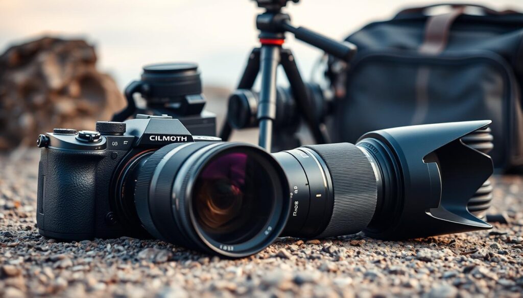 A professional photographer's camera kit rests on a rugged outdoor surface, showcasing an assortment of high-end mirrorless gear. In the foreground, a sleek, weatherproof camera body sits alongside a powerful telephoto zoom lens, its gleaming metallic finish catching the soft, directional lighting. In the middle ground, a sturdy tripod supports a high-resolution mirrorless camera, its compact form a testament to the latest advancements in wildlife photography technology. In the background, a stylish camera bag and additional lenses hint at the photographer's meticulous preparation for capturing stunning, ultra-realistic and cinematic images of nature's most elusive creatures.