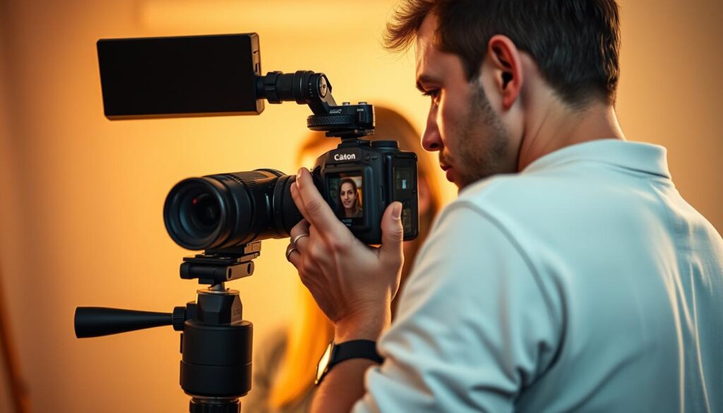 A professional portrait photographer stands before a camera, their gaze fixed intently on the viewfinder. The scene is bathed in soft, warm lighting, casting a gentle glow on the subject's face. The background is a blur of muted tones, allowing the focus to remain solely on the photographer's actions. Intricate algorithms analyze the frame, subtly adjusting exposure, color balance, and depth of field to capture the perfect image. AI-powered tools suggest creative compositions, while machine learning models refine the final output, refining every detail to achieve a stunning, ultra-realistic portrait. The photographer's skilled hands move with precision, their years of experience guiding their every decision. The image they create is a testament to the seamless integration of human artistry and technological innovation, a masterful blend of the analog and the digital.