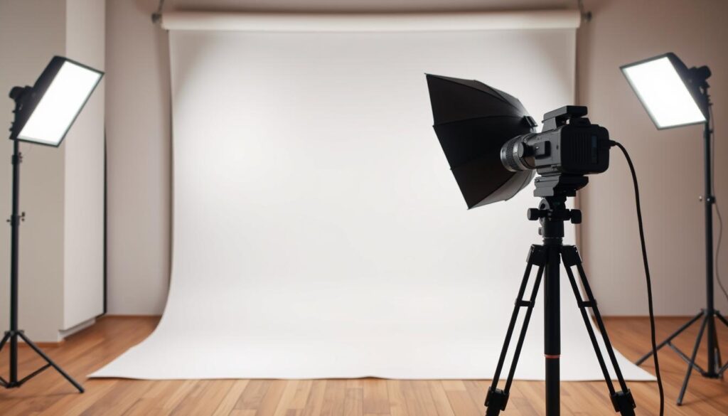 A professional studio setup featuring a large softbox as the key light, positioned at a 45-degree angle to the subject. A fill light on the opposite side gently illuminates shadows. In the background, a large seamless paper backdrop in a neutral color creates a clean, minimalist environment. The camera is mounted on a sturdy tripod, with a wide-angle lens capturing the full scene. The overall mood is calm, serene, and optimized for showcasing high-quality interior design photography.
