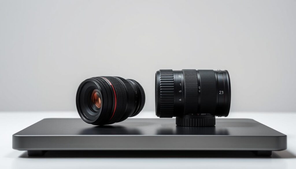A professional studio setup, showcasing a prime lens and a zoom lens side-by-side, both resting on a sleek, minimalist table. The prime lens, with its fixed focal length, exudes a classic, timeless aesthetic, while the zoom lens, with its versatile range, sits adjacent, ready to capture every moment of a wedding day. Soft, directional lighting illuminates the lenses, highlighting their distinct features and textures. The background is a seamless, neutral backdrop, allowing the lenses to take center stage. The overall scene conveys a sense of expertise, precision, and the photographer's careful consideration of the optimal lens for wedding photography.