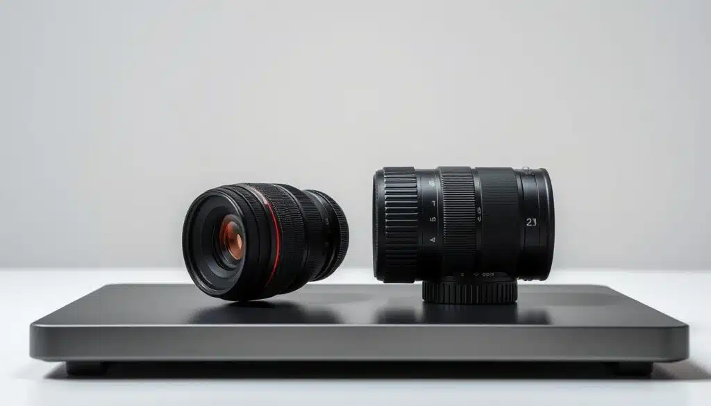 A professional studio setup, showcasing a prime lens and a zoom lens side-by-side, both resting on a sleek, minimalist table. The prime lens, with its fixed focal length, exudes a classic, timeless aesthetic, while the zoom lens, with its versatile range, sits adjacent, ready to capture every moment of a wedding day. Soft, directional lighting illuminates the lenses, highlighting their distinct features and textures. The background is a seamless, neutral backdrop, allowing the lenses to take center stage. The overall scene conveys a sense of expertise, precision, and the photographer's careful consideration of the optimal lens for wedding photography. A professional studio setup, showcasing a prime lens and a zoom lens side-by-side, both resting on a sleek, minimalist table. The prime lens, with its fixed focal length, exudes a classic, timeless aesthetic, while the zoom lens, with its versatile range, sits adjacent, ready to capture every moment of a wedding day. Soft, directional lighting illuminates the lenses, highlighting their distinct features and textures. The background is a seamless, neutral backdrop, allowing the lenses to take center stage. The overall scene conveys a sense of expertise, precision, and the photographer's careful consideration of the optimal lens for wedding photography.
