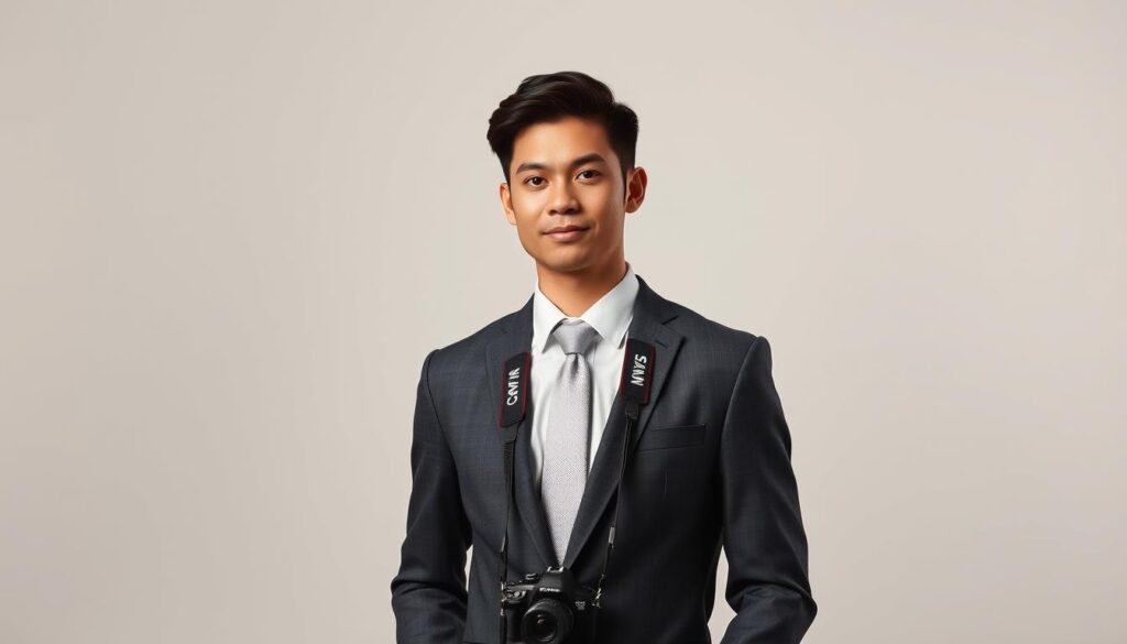 A professional wedding photographer standing confidently, dressed in a smart, well-tailored suit with a crisp white shirt and a subtle tie. The lighting is soft and flattering, accentuating the photographer's features. The camera hangs comfortably around their neck, ready to capture the special moments. The background is a simple, neutral setting, allowing the subject to be the focal point. The overall mood is one of professionalism, competence, and a keen eye for detail - qualities that would be essential for a successful wedding photographer. Ultra realistic.