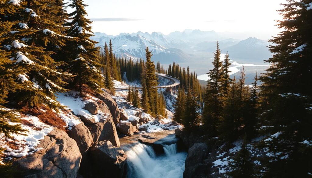 A rugged, snow-capped Alaskan landscape, bathed in warm, golden light. In the foreground, a hidden waterfall cascades over weathered rocks, its mist catching the sun's rays. Towering, ancient evergreens frame the scene, their branches laden with fresh snow. In the middle ground, a winding mountain trail, almost obscured by dense foliage, beckons the intrepid photographer. The background is a panoramic vista of jagged, azure-tinged peaks, their slopes dotted with shimmering glacial lakes. The atmosphere is one of tranquility and discovery, inviting the viewer to explore and uncover the hidden gems of this majestic, untamed wilderness.