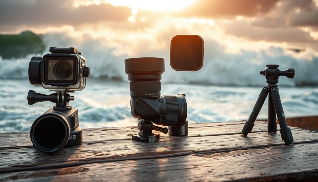 A rugged, weathered table displays an array of durable surf photography gear: a water-resistant camera with a sturdy housing, a wide-angle lens protected by a tough filter, and a shock-absorbent tripod. Dramatic ocean waves crash in the background, illuminated by warm, golden sunlight filtering through clouds. The scene conveys the resilience and reliability required for capturing stunning surf photography in harsh, dynamic environments. Ultra realistic and cinematic in detail.