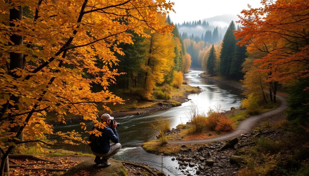 A serene autumn landscape in the lush forests surrounding Portland, Oregon. Vibrant foliage frames a picturesque river winding through the scene, its calm waters reflecting the surrounding trees. In the foreground, a photographer kneels by the riverbank, capturing the golden-hued leaves and the soft, diffused lighting filtering through the canopy above. The middle ground features a hiking trail leading deeper into the forest, inviting the viewer to explore these bountiful seasonal photography hotspots. In the distance, misty hills rise, creating a sense of depth and tranquility. This breathtaking natural setting showcases the dynamic range of photographic opportunities available in the Portland region throughout the changing seasons.