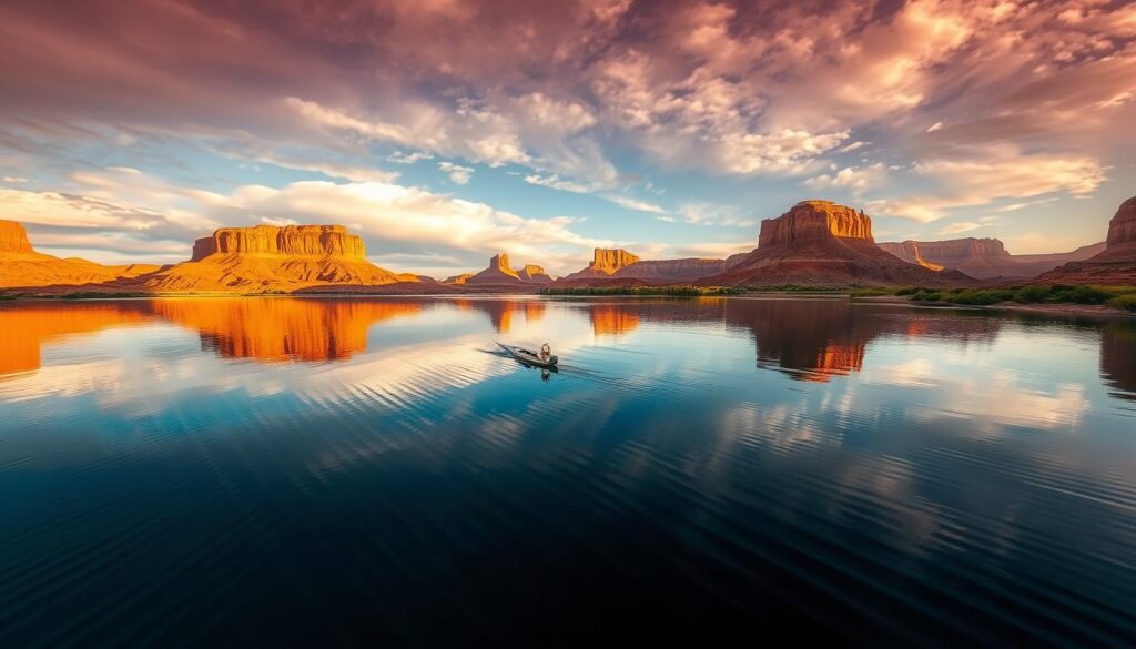 A serene lake at golden hour, its glassy surface reflecting the dramatic cloudscapes and towering sandstone cliffs above. The warm sunlight dances on the rippling water, creating mesmerizing patterns. In the foreground, a small boat drifts peacefully, its silhouette mirrored below. The Colorado River snakes through the distance, framed by lush vegetation on the banks. A wide-angle lens captures the grandeur of this iconic landscape, showcasing the breathtaking natural beauty of Lake Powell, Arizona.